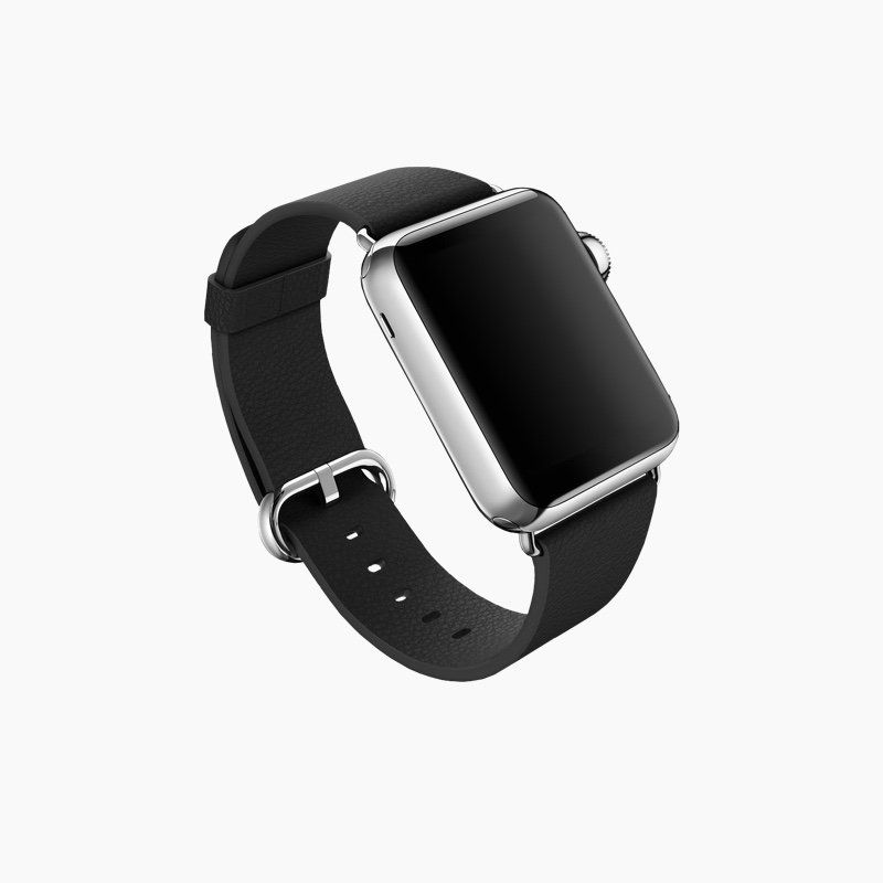 An apple watch with a black band on a white background